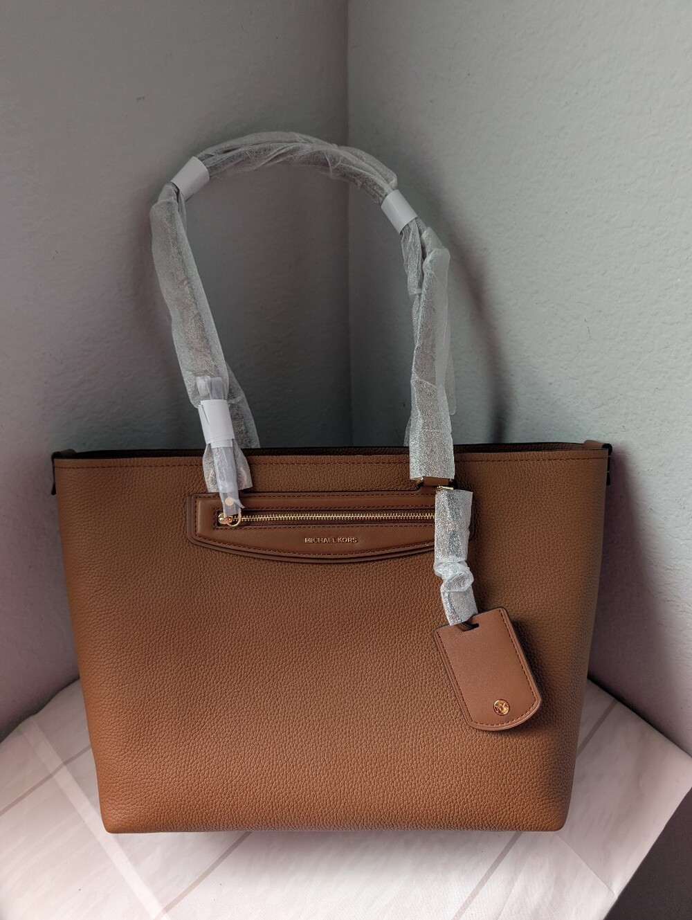 NWT Michael Kors Jet Set Travel Medium Pebbled Leather Tote Bag In Luggage